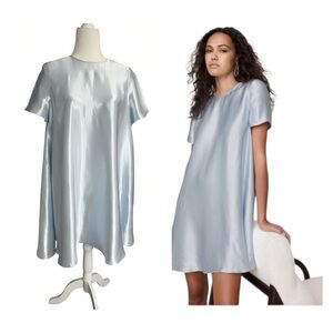 Aurelia Satin Trapeze Mini Dress XS Blue EcoVero A-Line Short Cape Sleeve NWT